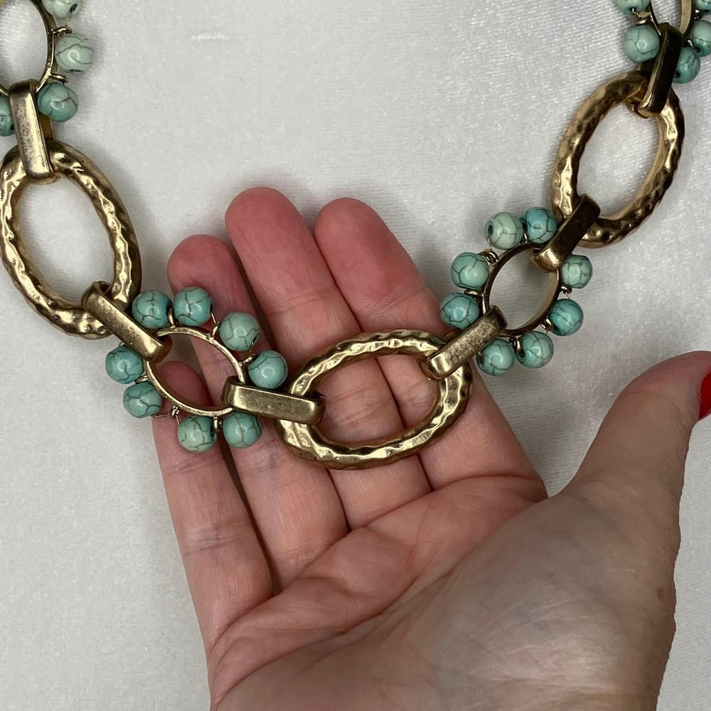 Jules L Chunky Link Necklace Gold Faux Turquoise Statement Coastal Grandma Boho